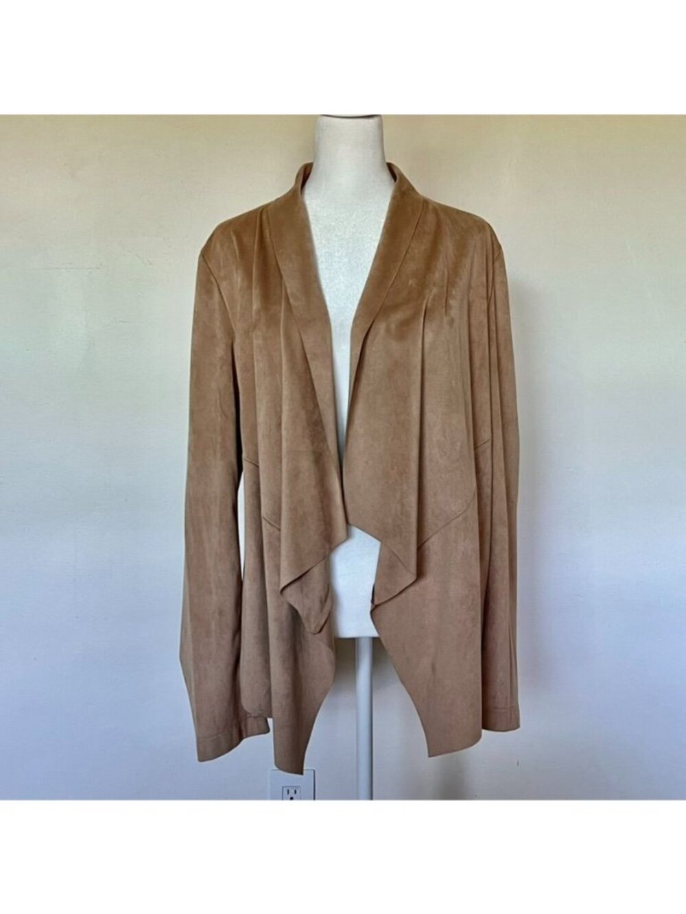Bagatelle Women Sz L Tan Faux Suede Drape Open Front Jacket Chic Soft Minimal - Picture 2 of 8